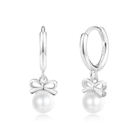 Bow Accent Pearl Drop Huggie Hoop Earrings – SH053