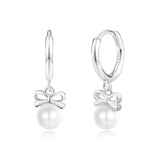 Bow Accent Pearl Drop Huggie Hoop Earrings – SH053