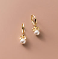 Small Pearl w/ Bow Drop Huggie Earrings-SH053
