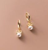Small Pearl w/ Bow Drop Huggie Earrings-SH053