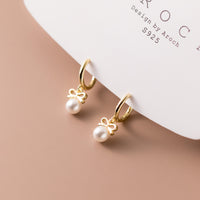 Small Pearl w/ Bow Drop Huggie Earrings-SH053