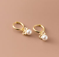 Small Pearl w/ Bow Drop Huggie Earrings-SH053