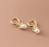Small Pearl w/ Bow Drop Huggie Earrings-SH053
