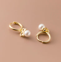 Small Pearl w/ Bow Drop Huggie Earrings-SH053