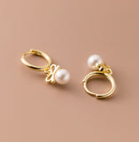 Small Pearl w/ Bow Drop Huggie Earrings-SH053