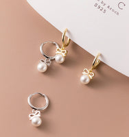 Small Pearl w/ Bow Drop Huggie Earrings-SH053