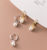Small Pearl w/ Bow Drop Huggie Earrings-SH053