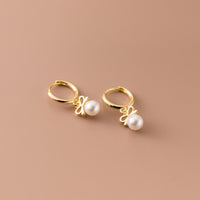 Small Pearl w/ Bow Drop Huggie Earrings-SH053