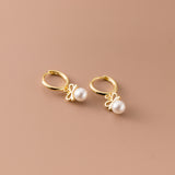 Small Pearl w/ Bow Drop Huggie Earrings-SH053