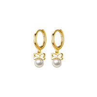 Small Pearl w/ Bow Drop Huggie Earrings-SH053
