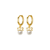 Small Pearl w/ Bow Drop Huggie Earrings-SH053