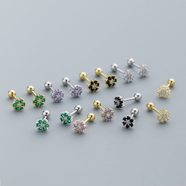 Small Flower Green/Purple/White/Black CZ Screw back Studs Earrings - ESB028
