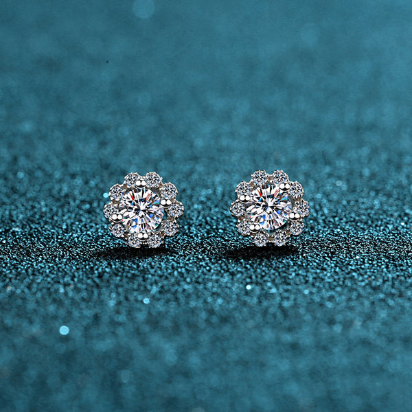 Flower Solitaire Stud Moissanite, Solid Silver Earrings-EM028