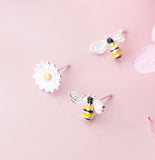 Asymmetry Bee and Daisy flower cute silver stud earrings 