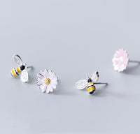 Asymmetry Bee and Daisy flower cute silver stud earrings set, two pairs