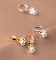 Small Pearl w/ Bow Drop Huggie Earrings-SH053
