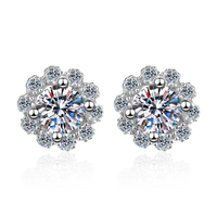 Flower Solitaire Stud Moissanite, Solid Silver Earrings-EM028