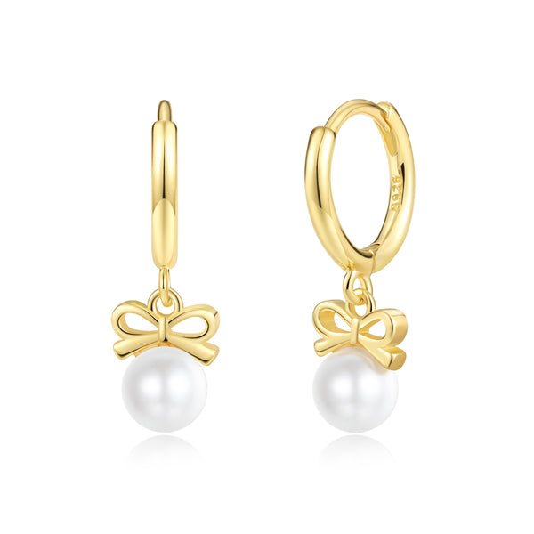 Bow Accent Pearl Drop Huggie Hoop Earrings – SH053