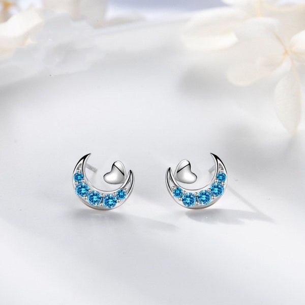 Silver Crescent Moon w/ Small Heart Stud Earrings-ECZ009