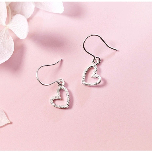 Solid Silver Matte Hollow out Heart Hook Earrings -SS037