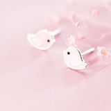 Cute Pink Small Birds Silver Studs Earrings