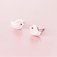 Cute Pink Small Birds Silver Studs Earrings