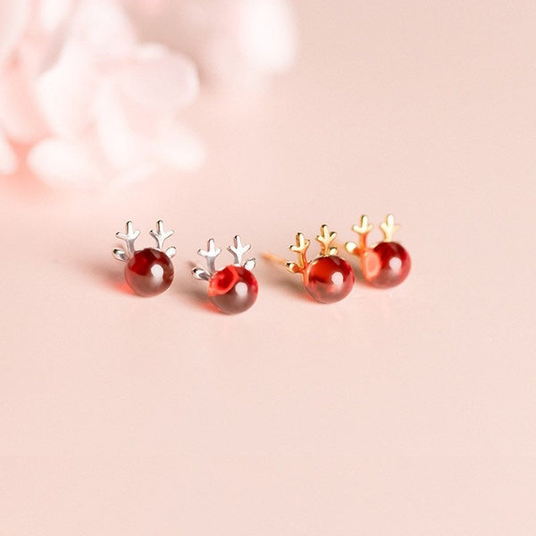 Small Ruby Red Nose Reindeer Studs Earrings- Reindeer Stud