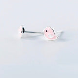 Cute Pink Small Birds Silver Studs Earrings