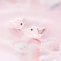 Cute Pink Small Birds Silver Studs Earrings