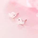 Cute Pink Small Birds Silver Studs Earrings