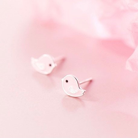 Cute Pink Small Birds Silver Studs Earrings