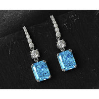 Blue Simulated Diamonds Earrings-Radiant Cut Rectangle Simulated Sapphire