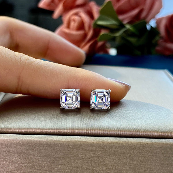 Simulated Diamonds Studs Earrings; Emerald Cut Square Diamonds