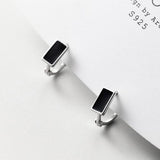 Solid Silver Black Huggie Hoop Earrings-SH043