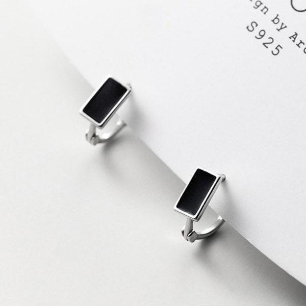 Solid Silver Black Huggie Hoop Earrings-SH043