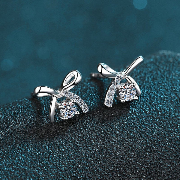 Moissanite Diamonds Studs Earrings; Miniature bow shape studs - EM029