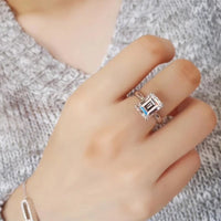 Diamonds Engagement Ring-Emerald Cut Statement rings-Wedding Bride Ring-Solid 925 Silver Platinum-G Color Diamonds Simulates