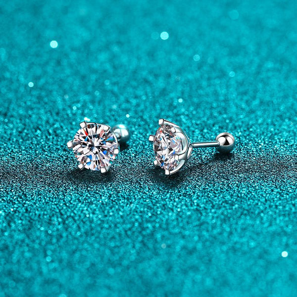 Moissanite Diamonds Studs Earrings; Classic Solitaire Six Prongs Studs, Screw Backs Earrings