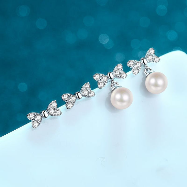Bow Pearl Studs Earrings, Moissanite Silver Earrings, Pearl Earrings-EM022