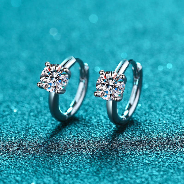 Huggie with Solitaire Moissanite, Solid Silver Earrings-EM009