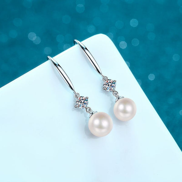 Pearl Moissanite Hook Earrings, Dangle Earrings-EM023