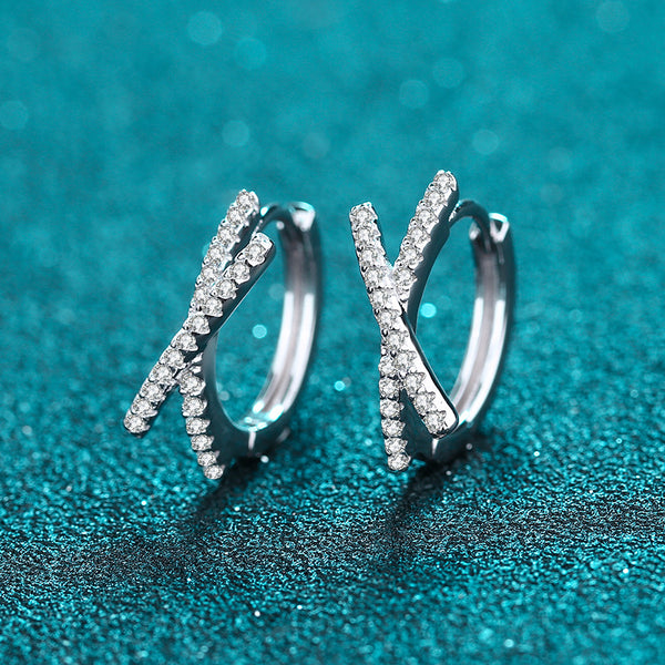 Moissanite Huggies, Big X Shape Huggie Earrings, Solid Silver Diamonds Huggie Earrings-EM015