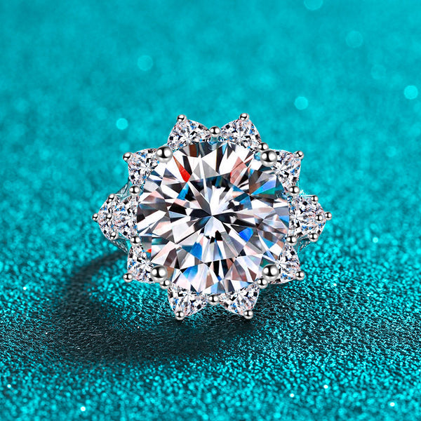 Giant Moissanite Engagement Ring, 10 carat Moissanite Wedding Ring; Huge Flower Statement Rings; Big Silver Rings; Silver Diamonds Rings
