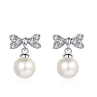 Bow Pearl Studs Earrings, Moissanite Silver Earrings, Pearl Earrings-EM022