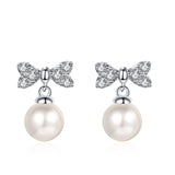 Bow Pearl Studs Earrings, Moissanite Silver Earrings, Pearl Earrings-EM022