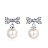 Bow Pearl Studs Earrings, Moissanite Silver Earrings, Pearl Earrings
