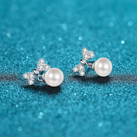 Bow Pearl Studs Earrings, Moissanite Silver Earrings, Pearl Earrings