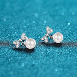 Bow Pearl Studs Earrings, Moissanite Silver Earrings, Pearl Earrings