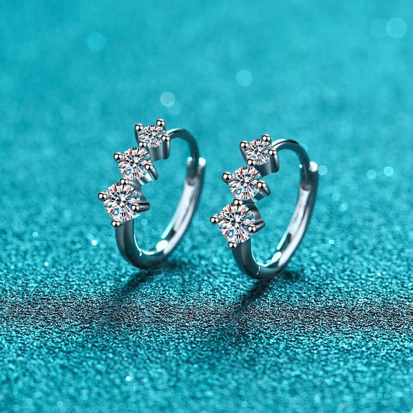Huggies w/ three Moissanite, Solid Silver Huggie Earrings-EM010